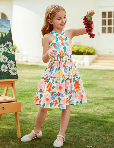 GRACE KARIN Girls Summer Hawaiian Dress Halter Neck Sleeveless Midi Floral Dress 8-10 Years,White and Purple in Saudi Arabia