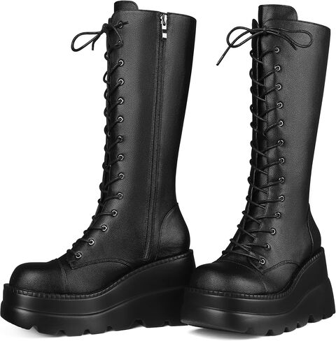 Womens Platform Mid Calf Boots for Women Goth Punk Combat Wedges Chunky High Heel booties with Lace up Round-Toe Side Zip in Saudi Arabia