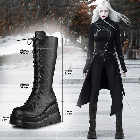Womens Platform Mid Calf Boots for Women Goth Punk Combat Wedges Chunky High Heel booties with Lace up Round-Toe Side Zip in Saudi Arabia