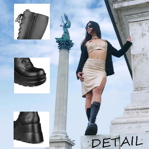 Womens Platform Mid Calf Boots for Women Goth Punk Combat Wedges Chunky High Heel booties with Lace up Round-Toe Side Zip in Saudi Arabia