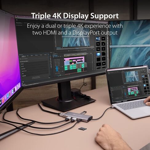 j5create USB C 4K Triple Display Hub - 4K HDMI x2، 4K DP، 2 USB-A وUSB-C 10 جيجابت في الثانية، PD 100W، Ethernet، قارئ بطاقات SD 4.0 | لأجهزة XPS وSurface Pro (JCD397) (متجدد) in Saudi Arabia