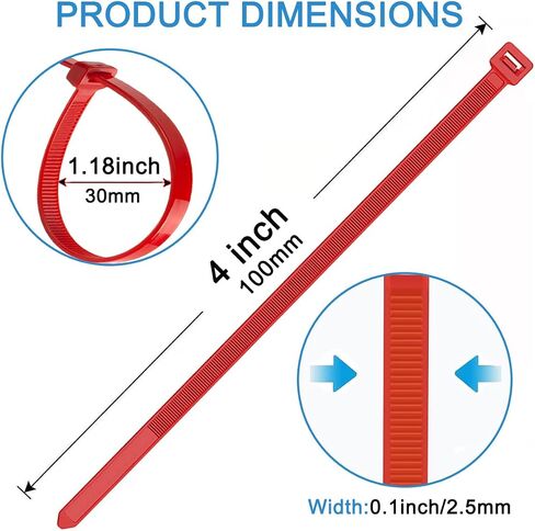500 PCS 4 Inch Red Zip Ties - 0.1 Inch Width, 18LB Strength, Nylon Material, UV Resistant, High/Low Temperature Resistant - Durable, Odorless, Garden and Cable Ties in Saudi Arabia