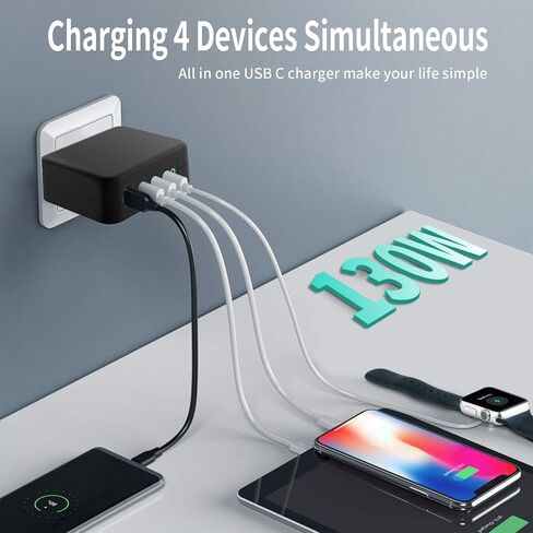 130W GaN USB C Wall Charger, PD100W PD65W 30W 20W Super Fast Charging Adapter with 100W USB C Cable, Fast Charging Station for iPhone 13, MacBook (Black) in Saudi Arabia