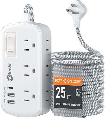 سلك تمديد بطول 25 قدمًا - شريط طاقة حامي من زيادة التيار، 6 منافذ تيار متردد 3USB (3.4 أمبير 17 وات)، 1080 جول، سلك تمديد مضفر طويل، قابل للتركيب على الحائط للمنزل الجامعي 13 أمبير 1625 وات، مدرج في قائمة ETL in Saudi Arabia