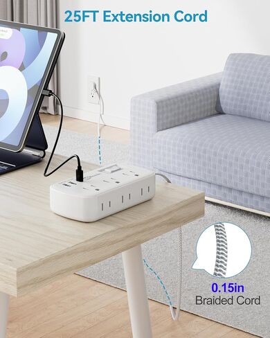 سلك تمديد بطول 25 قدمًا - شريط طاقة حامي من زيادة التيار، 6 منافذ تيار متردد 3USB (3.4 أمبير 17 وات)، 1080 جول، سلك تمديد مضفر طويل، قابل للتركيب على الحائط للمنزل الجامعي 13 أمبير 1625 وات، مدرج في قائمة ETL in Saudi Arabia