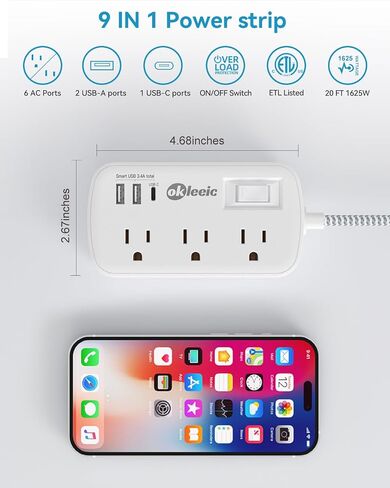 سلك تمديد بطول 25 قدمًا - شريط طاقة حامي من زيادة التيار، 6 منافذ تيار متردد 3USB (3.4 أمبير 17 وات)، 1080 جول، سلك تمديد مضفر طويل، قابل للتركيب على الحائط للمنزل الجامعي 13 أمبير 1625 وات، مدرج في قائمة ETL in Saudi Arabia