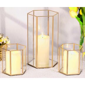 LAMORGIFT Champagne Gold Hurricane Candle Holder Set of 3- Glass Pillar Candle Holder, Geometric Candle Holders, Glass Hurricane Vases Candle Lanterns for Wedding, Dining Room, Coffee Table Decor(S)