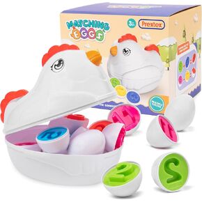 PREXTEX Find & Match Shape Matching Easter Eggs with Shapes and Numbers, Chicken Carrying Case