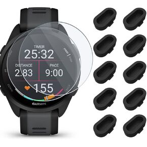 Miimall 2+10 Pack Compatible with Garmin Forerunner 165 Screen Protector, Anti Dust Plug Silicone Charger Port Protector + Hardness Tempered Glass Screen Protector for Forerunner 165/165 Music
