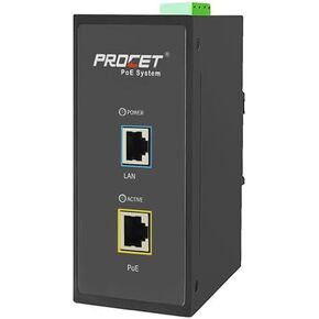 Procet Gigabit PoE+ Injector Din Rail, 30W Industrial PoE Adapter with Wide Temp -40°F to 149°F, 6KV Surge Protection, AC/DC Input, IEEE802.3af/802.3at, PT-PSE105G-AC