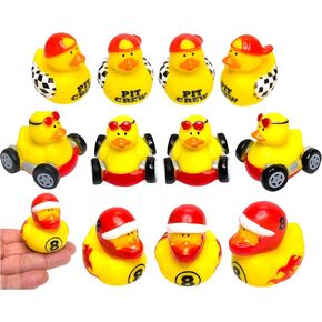 Race Car Driver Rubber Ducks (12 Pack) Racing Car, Drivers in Helmet and Baseball Cap. Bath Tub Toys and Jeep Duck Ducking