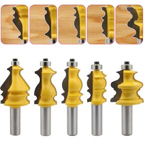 Architectural Molding Router Bit Set 1/2-Inch Shank Wood Milling Router Corner Rounding Edge-Forming Round Over Beading Router Bit Set Woodworking Miter Carbide CNC Cutting Tool for Doors, Tables-5Pcs