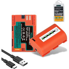 Hisewen LP-E6NH LP-E6N LP-E6 Battery 2800mAh 1 Pack with Type-C Fast Charging for Canon EOS R5 R6 R6 II R7 R 5D II III IV 6D 6D II 70D 80D 90D