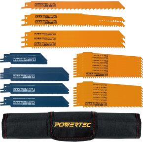POWERTEC 14401 Reciprocating Saw Blades 32-Piece Set and Organizer Pouch with M42 Bi Metal and HCS Pruning Blades for Metal and Wood Cutting