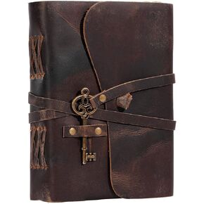 Leather Journal with lined Deckle Edge Paper 8x6 inch and Vintage Key/Handmade Writing Notebook Diary/Bound Daily Notepad for Men & Women Medium, Sketch/Writing pad, for Artists
