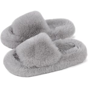 SNOWDROP Women's Open Toe House Slippers,Soft and Cute Fluffy Faux Plush Indoor Outdoor Non-slip Bedroom Slippers