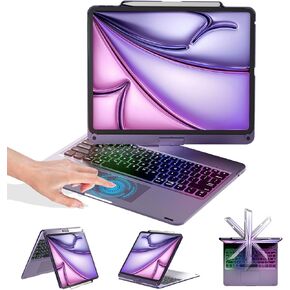 حافظة BABG iPad Air 13 بوصة ولوحة مفاتيح ولوحة لمس، متوافقة مع iPad Pro 12.9 بوصة الجيل السادس/الخامس/الرابع/الثالث، قابلة للدوران 360 درجة، إضاءة خلفية قوس قزح، لاسلكية، شحن قلم Apple - أرجواني منتصف الليل