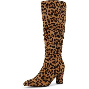 Allegra K Women's Slouch Pointed Toe Chunky Heel Knee High Boots