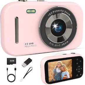 Digital Camera, 2.5K UHD 1080P Kids Camera,Digital Point and Shoot Cameras with 32GB Memory Card,16X Zoom Anti Shake,2.8-inch HD IPS Screen,Compact Small Camera for Boys Girls (Pink)