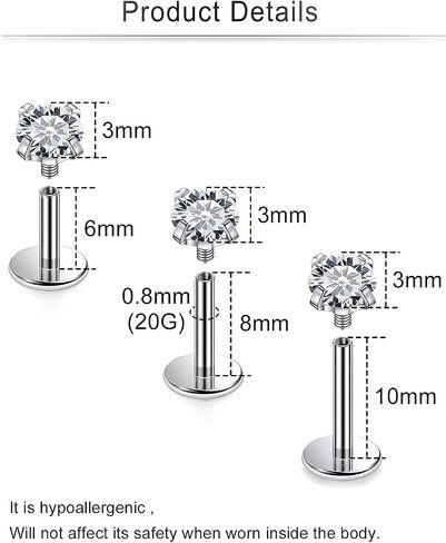 Cisyozi 20G 18G 16G F316 Titanium Lip Labret Medusa Monroe Ashley Nose Ring Stud Screw in Piercing Jewelry Hypoallergenic Implant Flat Back Tragus Helix Cartilage Earring for Women Men 6mm 8mm 10mm in Saudi Arabia