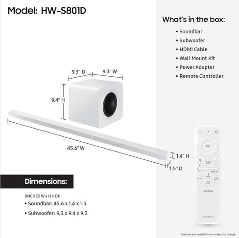 SAMSUNG HW-S801D 3.1.2ch Wireless Soundbar Dolby Atmos, White (2024) Bundle with 2 Year CPS Enhanced Protection Pack in Saudi Arabia