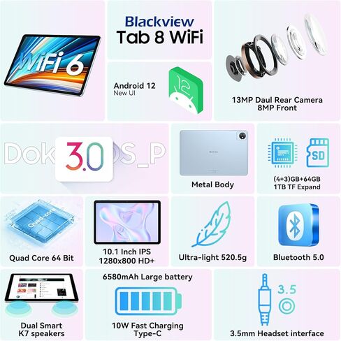 تابلت بلاك فيو 2024 مقاس 10 بوصات 8 واي فاي، 7 جيجابايت + 64 جيجابايت/TF 1 تيرابايت 6580 مللي أمبير في الساعة، شاشة HD + IPS 13 ميجابكسل + 8 ميجابكسل، كاميرا داول، أندرويد 12 جهاز لوحي للأطفال، طراز Wi-Fi 6، BT5.0/جسم معدني/Google GMS، أزرق in Kuwait