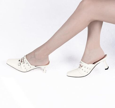 Women's Rivet Kitten Heel Closed Toe Buckle Mules Dress Shoes in Saudi Arabia
