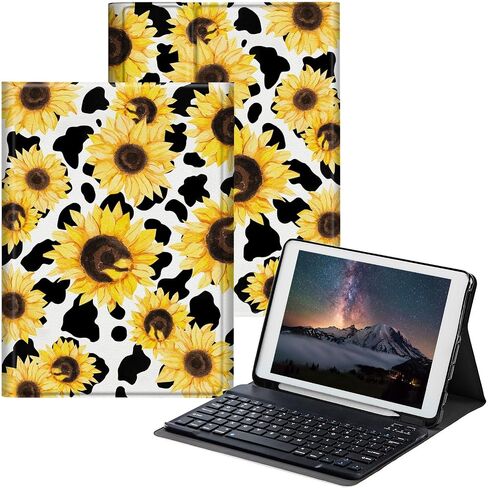 حافظة لجهاز iPad الجيل العاشر مع لوحة مفاتيح لجهاز iPad الجيل العاشر 10.9 بوصة 2022 مع لوحة مفاتيح لاسلكية قابلة للفصل وحامل قابل للتعديل لحماية الكمبيوتر اللوحي - طباعة بقرة عباد الشمس in Kuwait