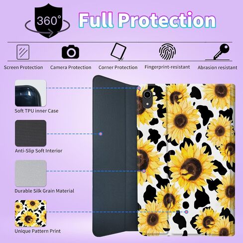 حافظة لجهاز iPad الجيل العاشر مع لوحة مفاتيح لجهاز iPad الجيل العاشر 10.9 بوصة 2022 مع لوحة مفاتيح لاسلكية قابلة للفصل وحامل قابل للتعديل لحماية الكمبيوتر اللوحي - طباعة بقرة عباد الشمس in Kuwait