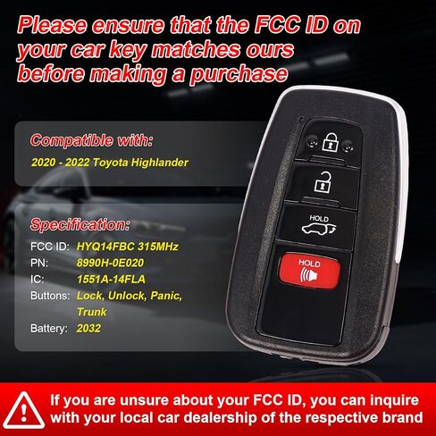 استبدال مفتاح فوب متوافق مع 2020 2021 2022 تويوتا هايلاندر سيارة دخول بدون مفتاح التحكم عن بعد بدء التشغيل عن بعد HYQ14FBC 8990H-0E020 314.3 ميجا هرتز 4 أزرار in Kuwait