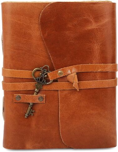 Leather Journal with lined Deckle Edge Paper 8x6 inch and Vintage Key/Handmade Writing Notebook Diary/Bound Daily Notepad for Men & Women Medium, Sketch/Writing pad, for Artists in Kuwait