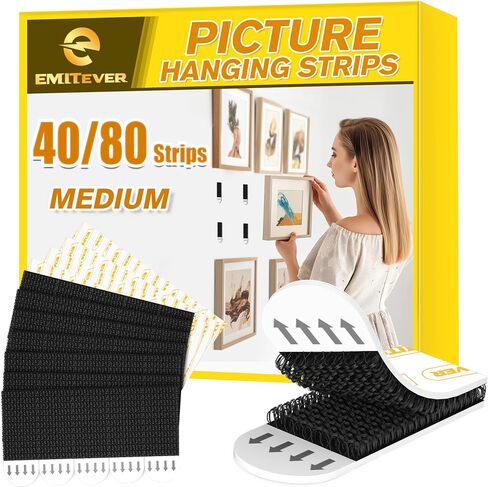 EMITEVER Picture Hanging Strips Heavy Duty, Damage Free Hanging Picture Hangers for Walls, Picture Hanging Kit, Hanging Hooks Without Nails, Black Adhesive Poster Wall Strips 20-Pairs (40 Strips) in Saudi Arabia