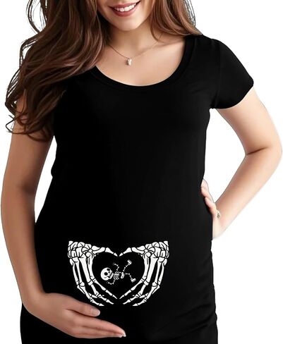 Maternity Halloween Shirt for Women Pregnancy Announcement Shirts Fall Casual Baby Skeleton Graphic Tee Tops in Saudi Arabia