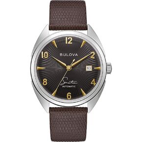 Bulova Men's Frank Sinatra Fly Me to The Moon Automatic Gold-Tone Stainless Steel Case Watch, Black Textured Leather Strap, 42 Hour Power Reserve, 3 Hand Style: 97B196