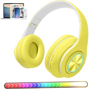 Bluetooth Over Ear Headphones ,Colorful LED Lights Headphones ,Foldable Hi-Fi Stereo Headphones with in Microphone, Wired and Wireless Headphones for Classroom/Home Office/PC/Mobile (yellow)