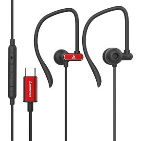 USB C Headphones with Microphone Wired USB C Earphones for Sports and Running Type C Earbuds Hooks Volume Control, Compatible with iPhone 16/15, Samsung, Google and Other Type C Smart Phone, Red