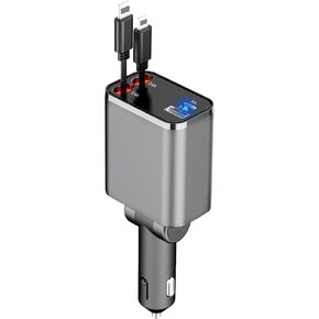Paiholy Retractable Car Charger, 4 in 1 Super Fast Small Car Charger with Dual Type-C Retractable Cables and 2 USB Ports, Mini Version Car Charger Compatible with iPhone 15/14/13 Pro Max/Samsung/Pixel
