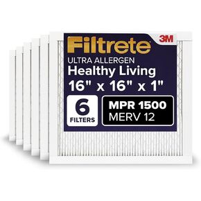 Filtrete 16x16x1 AC Furnace Air Filter, MERV 12, MPR 1500, CERTIFIED asthma & allergy friendly, 3 Month Pleated 1-Inch Electrostatic Air Cleaning Filter, 6-Pack (Actual Size 15.81x15.81x0.78 in)