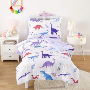 Wake In Cloud - Toddler Bedding Set for Boys, 4 Pieces Soft Crib Bed Set Including Comforter, Fitted Sheet, Flat Top Sheet and Pillowcase, Colorful Jurassic Dinosaur Volcano, Dark Green
