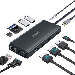 SSK 11 in 1 USB C Hub Dual Monitor,Triple Display Laptop Docking Station Multiport Adapter with 2 HDMI,3 USB Ports, VGA, PD3.0, Ethernet, SD/TF, Mic/Audio, Compatible for MacBook Pro Lenovo Dell HP