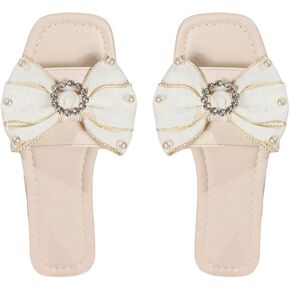 GORGLITTER Women's Bow Flat Sandals Beaded Dressy Square Open Toe Slide Sandals