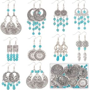 SUNNYCLUE 1 Box DIY 8 Pairs Bohemian Feather Dream Catcher Earring Making Kit Antique Bronze Feather Charm Connector, Turquoise Gemstone Beads, Earring Hooks Jewelry Supplies Beginners, Instruction