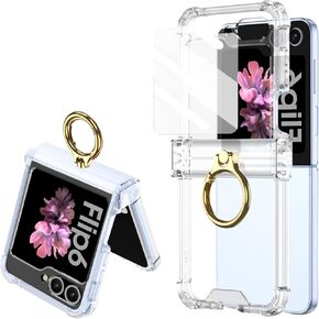 for Samsung Galaxy Z Flip 6 Clear Case Luxury Hinge Protection with Ring Holder & Screen Protector Soft All-Inclusive Shockproof Cover (Clear)