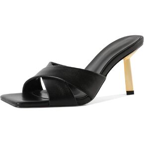 Mettesally Women Slippers Heeled Sandals Square Open Toe Stiletto Heels Fashion Mule Slide Sandals 3.4 Inches