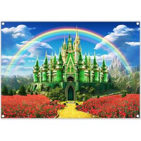 7x5ft Polyester Green Castle Backdrop Yellow Brick Road Rainbow Sky Emerald Photography Background Floral Banner Party Decorations Photo Props
