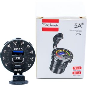 12/24V Socket Dual USB Type C PD 3.0 (36W) + USB A (18W) Fast Charger with Built-in Voltmeter & Power Switch for Car, Boat, Marine & RVs
