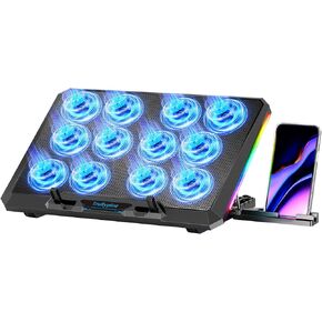 Laptop Cooling Pad with 12 Quiet Fans, Slim Portable for 12-17.3 Inch Laptop Cooler Stand with 5 Height Adjustable, Ergonomic Gaming Cooling Fan Pad with Two USB Ports & Phone Holder (Gear)