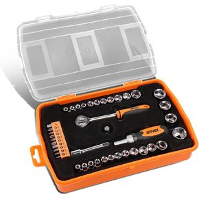 DNA Motoring TOOLS-00035 37 Piece Handheld Tool & Complete Drill Bits Set, Includes Screwdriver, Pliers, Ratchet Bit Driver, 1 Kit, Orange/Black