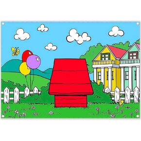 Fabric 7x5ft Cartoon Dog Red House Photography Backdrop Blue Sky Grass Balloon Outdoor Background Party Decorations Kids Birthday Photo Booth Banner