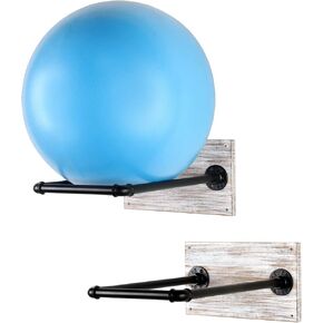MyGift Premium Wall Mounted Sports Ball Display Holder for Basketball, Soccer Ball, Volleyball, Industrial Black Metal Pipe Therapy, Yoga, Exercise Ball Storage Rack with Burnt Wood Backing, Set of 2